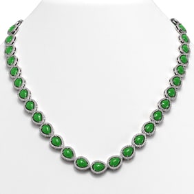 29.73 ctw Jade & Diamond Micro Pave Halo Necklace 10k White Gold