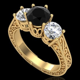 2.01 ctw Fancy Black Diamond Art Deco 3 Stone Ring 18k Yellow Gold