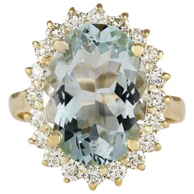 Natural Aquamarine 14K Yellow Gold Diamond Ring