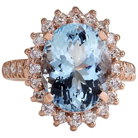 Natural Aquamarine 14K Rose Gold Diamond Ring