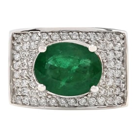 Natural Emerald Diamond Ring In 18K White Gold