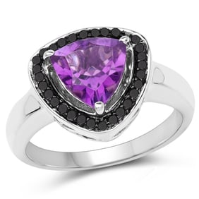 1.56 CT Genuine Amethyst and Black Diamond 14K White Gold Ring