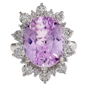 Natural Kunzite Diamond Ring In 14K White Gold