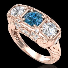 2.51 ctw Intense Blue Diamond Art Deco 3 Stone Ring 18k Rose Gold