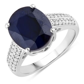 6.49 CT Genuine Blue Sapphire and White Diamond 14K White Gold Ring