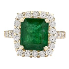 Natural Emerald Diamond Ring In 18K Yellow Gold