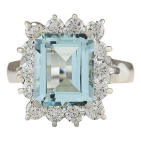 Natural Aquamarine Diamond Ring In 14K White Gold