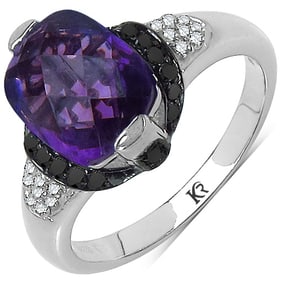 3.71 CT Genuine Amethyst, Black Diamond & White Diamond 14K White Gold Ring