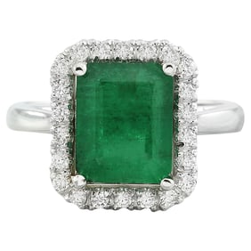 Natural Emerald Diamond Ring in 14K Solid White Gold