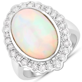 6.38 CT Genuine Ethiopian Opal and White Diamond 14K White Gold Ring