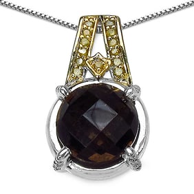 3.16 CT Genuine Smoky Quartz, Yellow Diamond & White Diamond 14K White Gold Pendant
