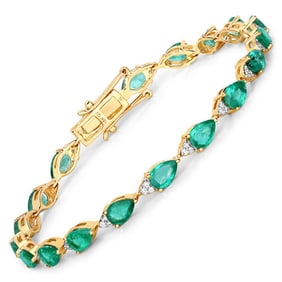 6.91 CT Genuine Zambian Emerald and White Diamond 18K Yellow Gold Bracelet
