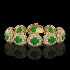 44.77 ctw Jade & Diamond Victorian Bracelet 14K Yellow Gold