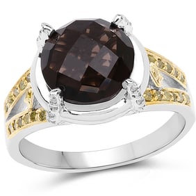 3.28 CT Genuine Smoky Quartz, Yellow Diamond & White Diamond 14K White Gold Ring