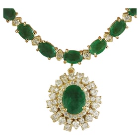 30.90 CTW Emerald 14K Yellow Gold Diamond Necklace