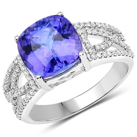 14K White Gold 5.18 CT Genuine Tanzanite and White Diamond Ring