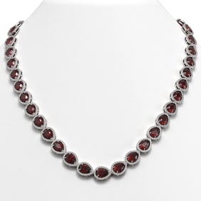 36.93 ctw Garnet & Diamond Micro Pave Halo Necklace 10k White Gold