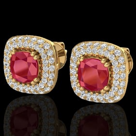 2.16 ctw Ruby & Micro VS/SI Diamond Earrings Halo 18k Yellow Gold