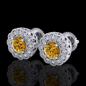 1.32 ctw Intense Fancy Yellow Diamond Art Deco Earrings 18k White Gold