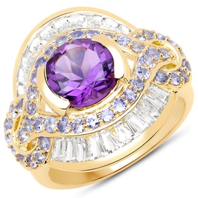 3.93 CT Genuine Amethyst, Tanzanite and White Topaz 14K Yellow Gold Ring