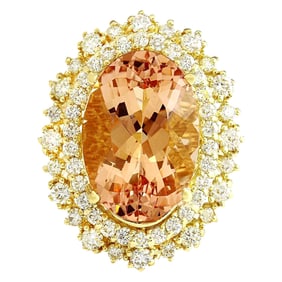 Exquisite Natural Morganite Diamond Ring In 18K Solid Yellow Gold