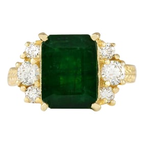 Natural Emerald Diamond Ring In 18K Yellow Gold