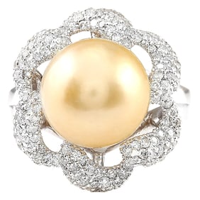 Natural South Sea Pearl 18K White Gold Diamond Ring