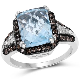 4.33 CT Genuine Swiss Blue Topaz, Champagne Diamond & White Diamond 14K White Gold Ring