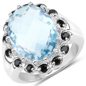 12.49 CT Genuine Blue Topaz & Black Spinel 14K White Gold Ring