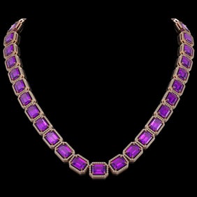 76.69 ctw Amethyst & Diamond Micro Pave Halo Necklace 10k Rose Gold