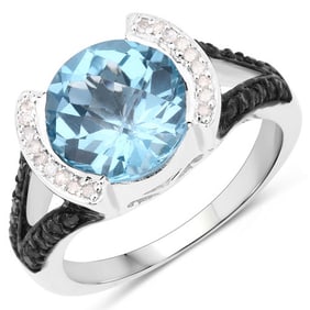 4.99 CT Genuine Swiss Blue Topaz, White Diamond and Black Diamond 14K White Gold Ring