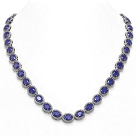 52.15 ctw Sapphire & Diamond Micro Pave Halo Necklace 10k White Gold