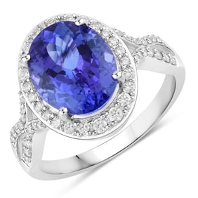 4.12 CT Genuine Tanzanite and White Diamond 14K White Gold Ring