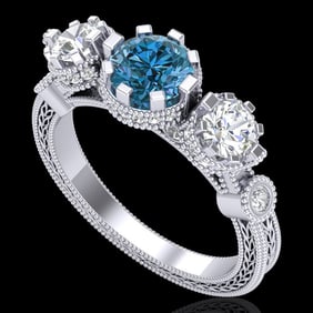 1.75 ctw Intense Blue Diamond Art Deco 3 Stone Ring 18k White Gold