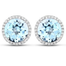 7.78 CT Genuine Blue Topaz and White Topaz 14K White Gold Earrings