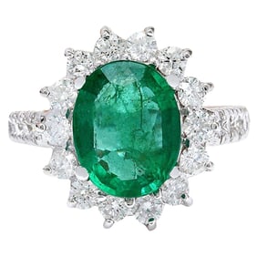 Emerald Diamond Ring In 18K Solid White Gold