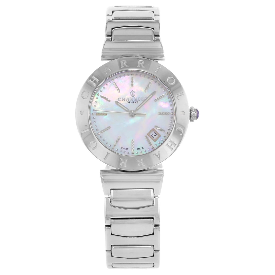 Charriol Alexandre Steel MOP Quartz Ladies: Charriol Alexandre Steel MOP Quartz Ladies Watch AMS.920.002 Creator: Charriol Case Material: Steel Strap Material: Stainless Steel Case Shape: Round Movement: Quartz Place of Origin: Switzerland