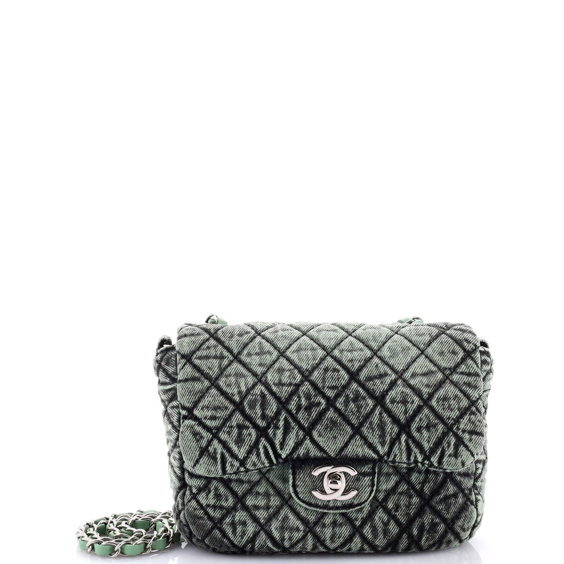 Chanel Denimpression Flap Bag Quilted Distressed: Chanel Denimpression Flap Bag Quilted Distressed Denim Small Exterior Color: Green Interior Color: Green Exterior Material: Denim Interior Material: Denim Hardware Color: Silver Accessories: Authe