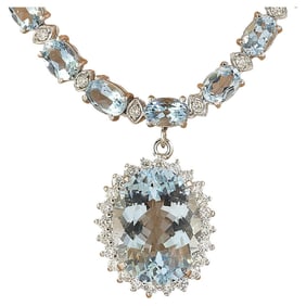 Natural Aquamarine Diamond Necklace in 14K