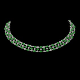 63.65 ctw Jade & Diamond Necklace 10K White Gold