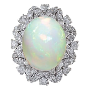 Opal Diamond Ring In 18K White