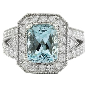 Natural Aquamarine Diamond Ring In 18K