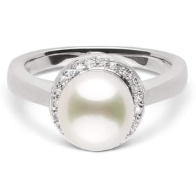 White Akoya Pearl and Diamond Halo Ring