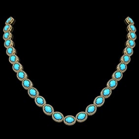 36.208 ctw Turquoise & Diamond Micro Pave Halo Necklace 10k Yellow Gold