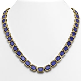 58.59 ctw Sapphire & Diamond Micro Pave Halo Necklace 10k Yellow Gold