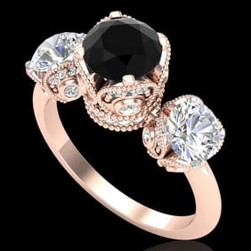 3 ctw Fancy Black Diamond Art Deco 3 Stone Ring 18k Rose Gold