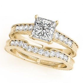 0.86 ctw Certified VS/SI Princess Diamond 2pc Set Antique 14k Yellow Gold
