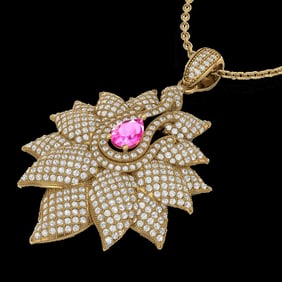 3 ctw Pink Sapphire & Micro Pave VS/SI Diamond Necklace 18k Yellow Gold