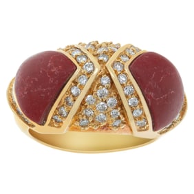 Coral, Diamond And Gold Ring
