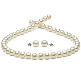 White Hanadama Japanese Akoya Pearl Jewelry Set, 8.5-9.0mm